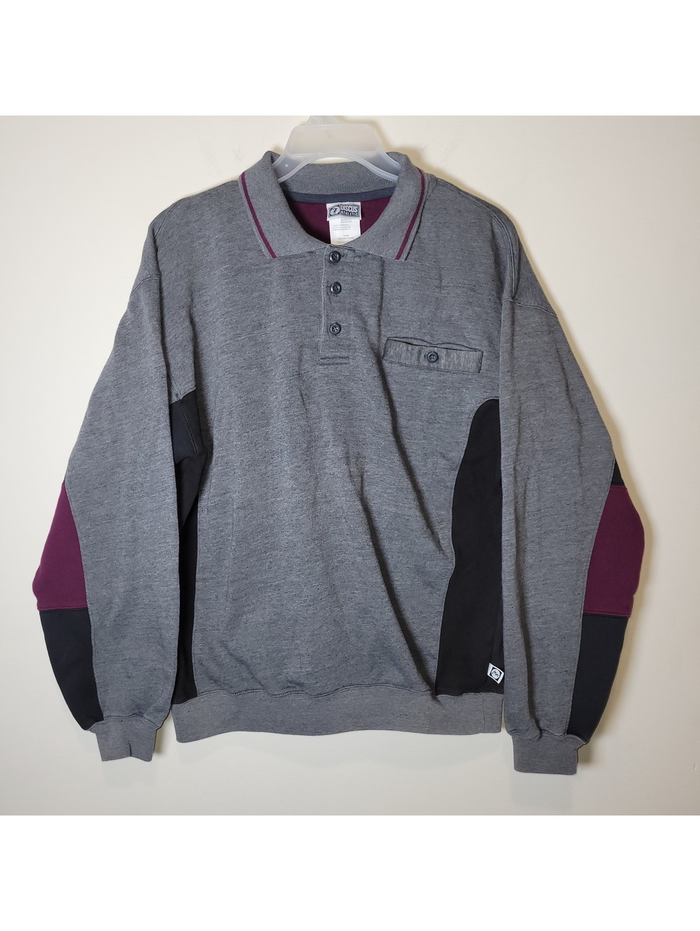Discus Athletic Men's Large Grey Black Burgundy Colorblock Polo Sweatshirt